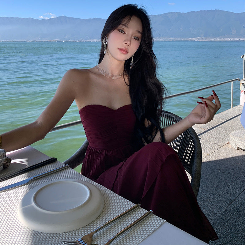 2025 pleated temperament skirt tube top cake skirt pleated high-end dress dress long skirt to ankle super long