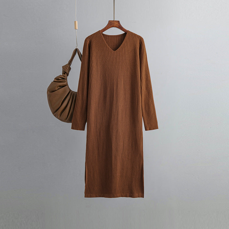 ZllKl Autumn and winter v-neck knitted dress women's outerwear straight tube thin long-sleeved pit strip split bottom knee sweater skirt