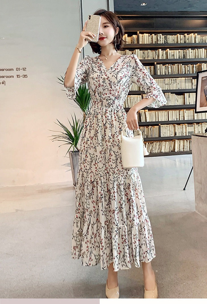 ZllKl Cross-Border Spring and Summer New Dress Tall Floral Chiffon V-neck Dress Temperament Fairy Dress