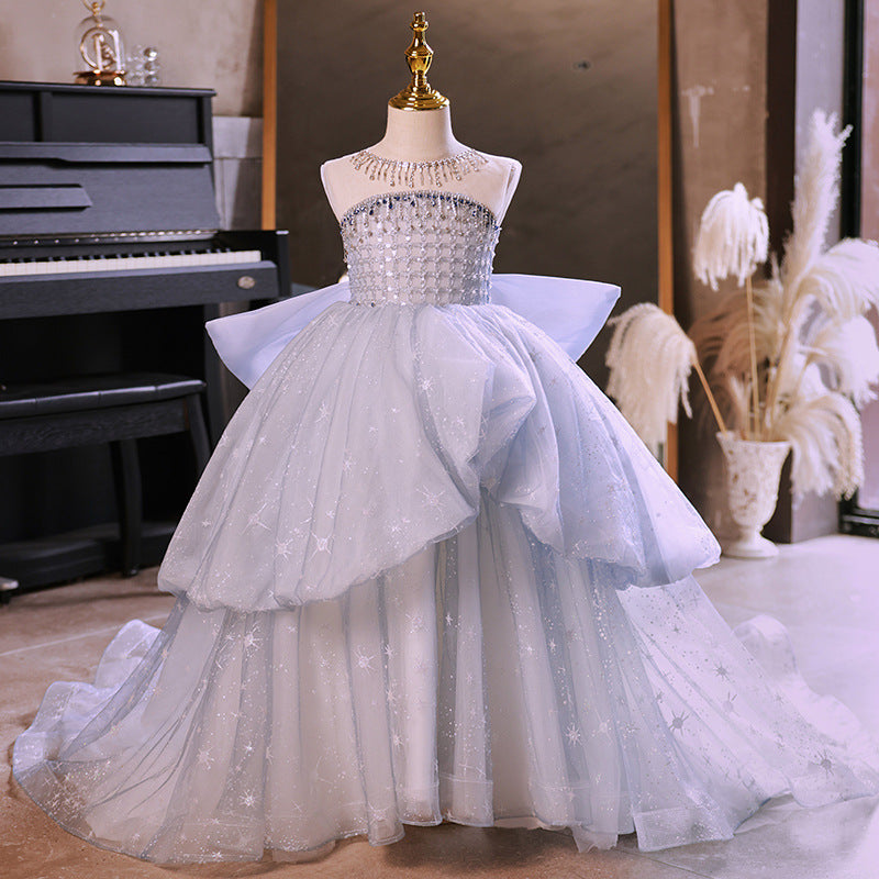 ZllKl Children's Dress New Girls Tube Top Model Catwalk Trailing Princess Dress Little Girl Costume for Piano Performance