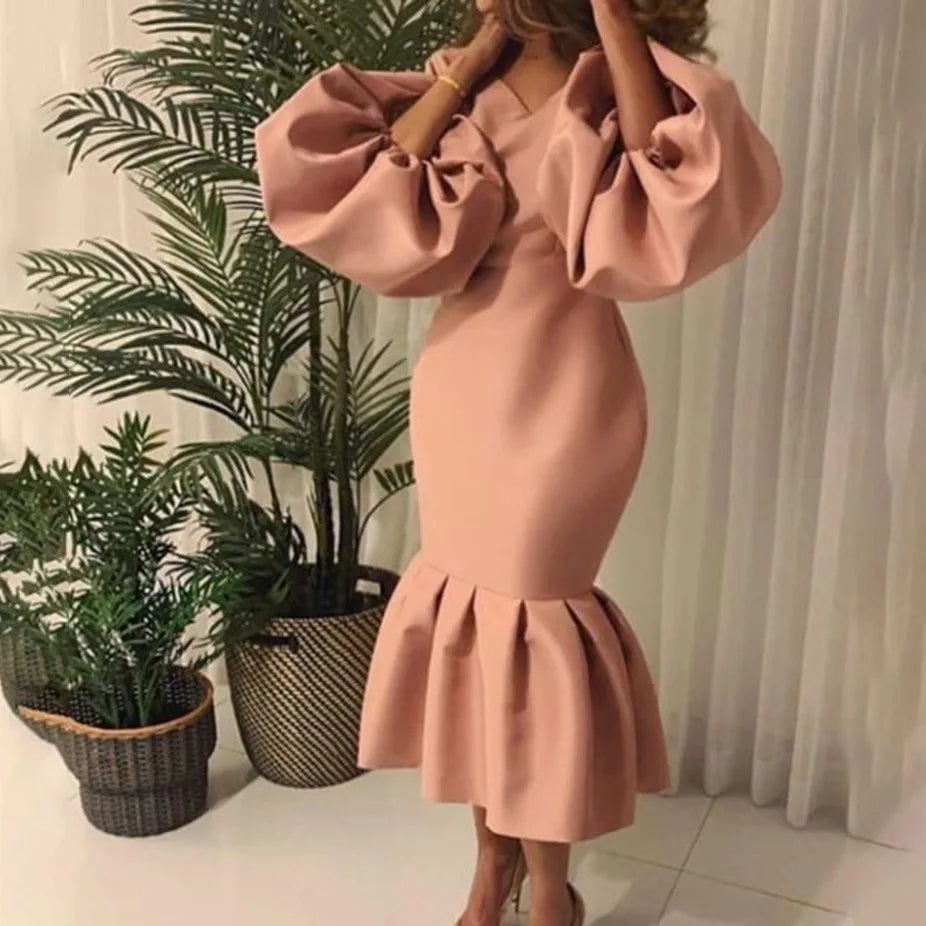 Plus Size Casual Elegant Fashionable Women's Fashion Solid Color V-Neck Bubble Long Sleeved Fishtail Dress Party Evening Dress