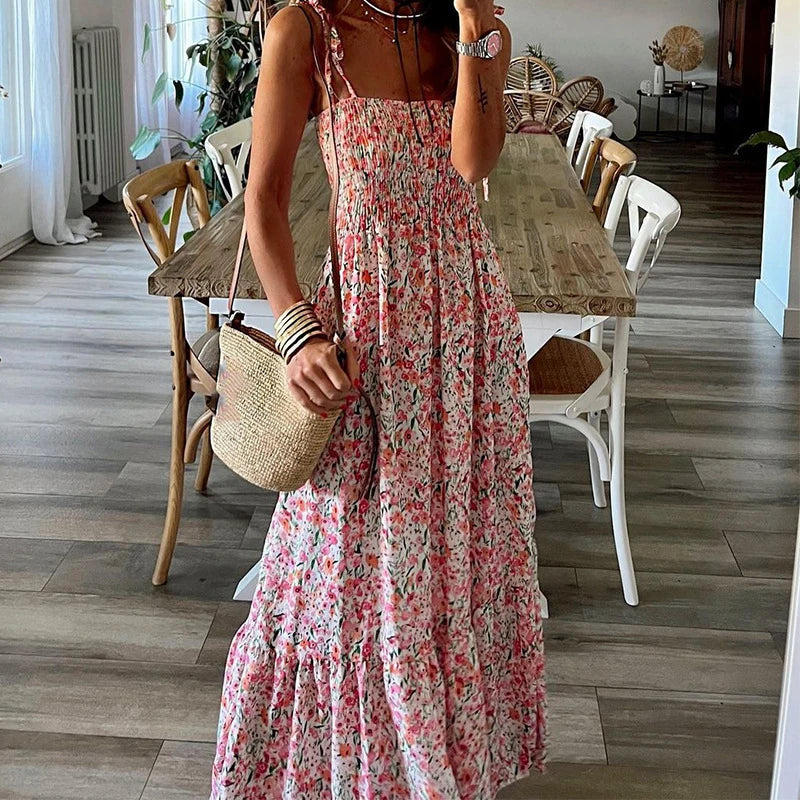 Bohemian Casual Floral Print Holiday Beach Dress Spring Slash Neck Draped Long Dress Summer Off Shoulder Pleat Sling Women Dress