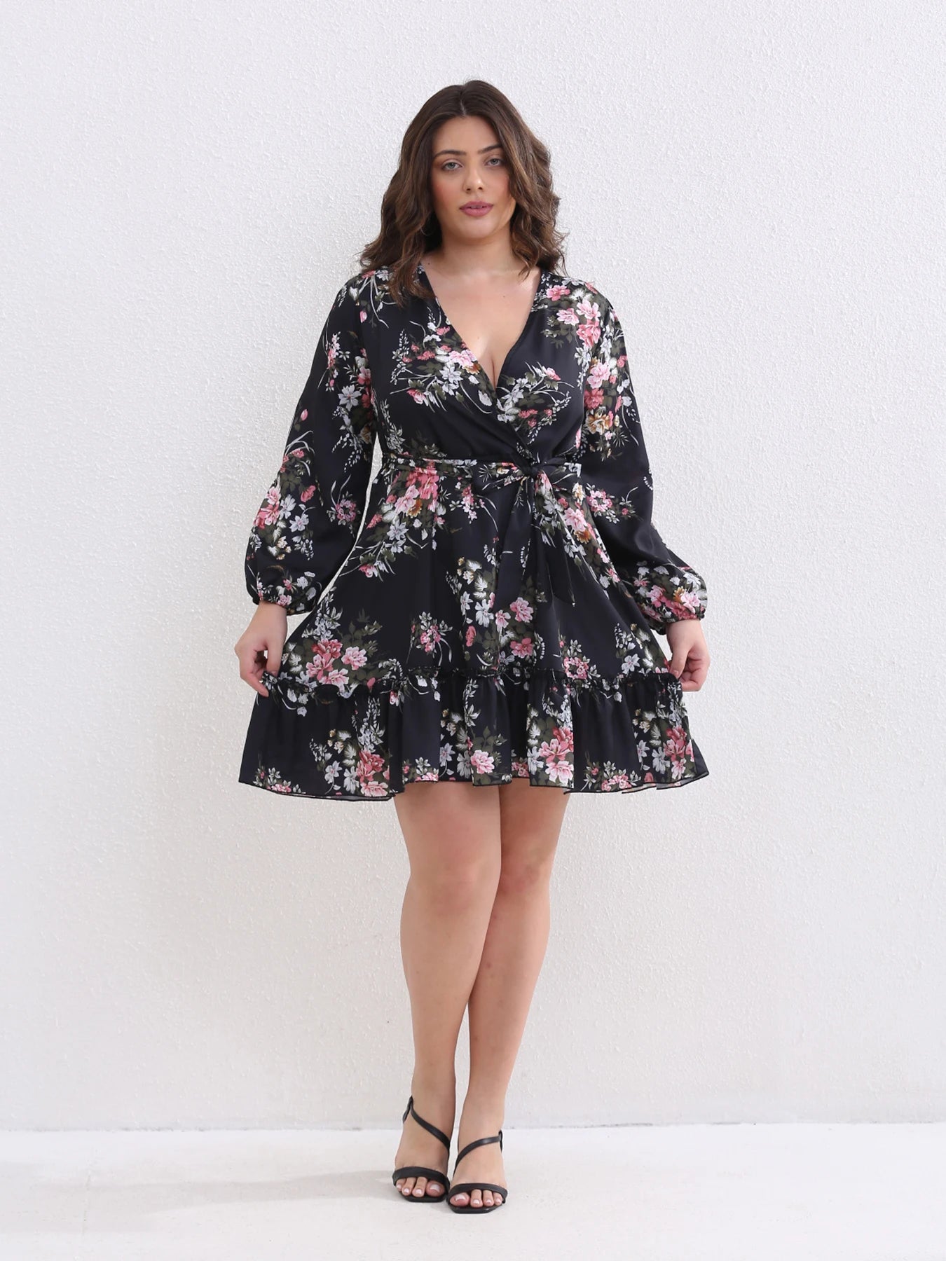 Plus Size Women Flower Print Chiffon Sexy V Neck Out Long Sleeve Dress Female Elegant Party Dresses Wholesale DropShipping