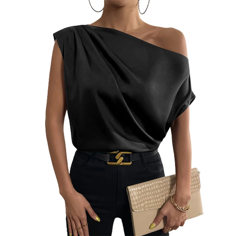 Freeacy Diagonal Collar One-Shoulder Asymmetric Loose Solid Color Blouses For Women Summer New Stylish Elegant Shirt Tops