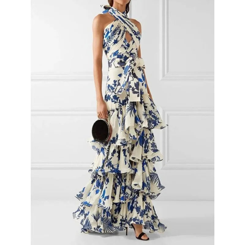 Spring Summer 2024 Bohemian Vacation Style Lace-up Lolita Large Swing Dress Printed Dress Long Loose Maxi Dresses