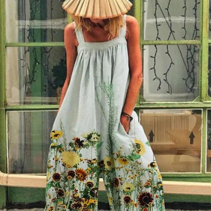 Plus Size Summer New Trendy And Fashionable Printed Commuting Temperament Loose Backstraps Wide Leg Jumpsuit Women'S Pants
