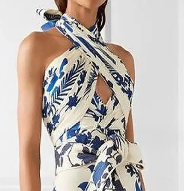 Women's Long Dress Printed Halter Neck Sleeveless Off Shoulder Hollow Out Dress 2023 New Fashion Summer Vacation Dress Famale