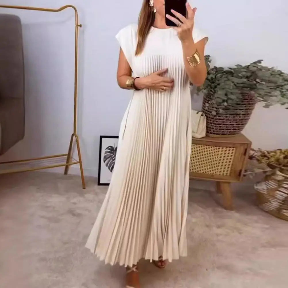 Loose Fit Long Dress Lightweight Long Dress Elegant Midi Dress for Women Pleated A-line Summer with Round Neck Soft for Summer