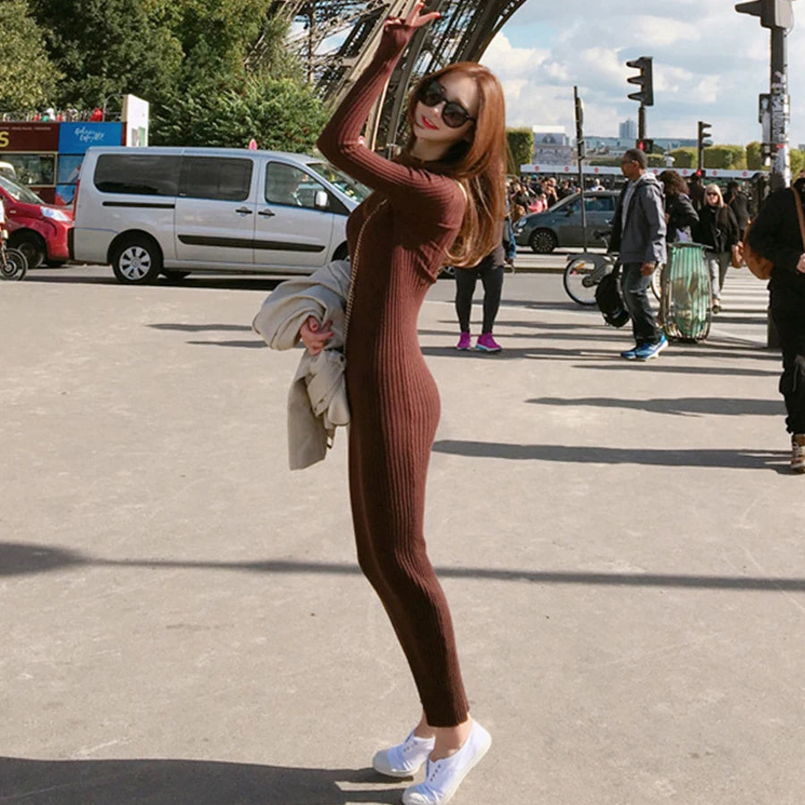 Winter Warm Slim Pullovers Sweater Dress Fashion Knitting Cotton Dress Women Long Sleeve O-neck Sheath Ankle-Length Dress