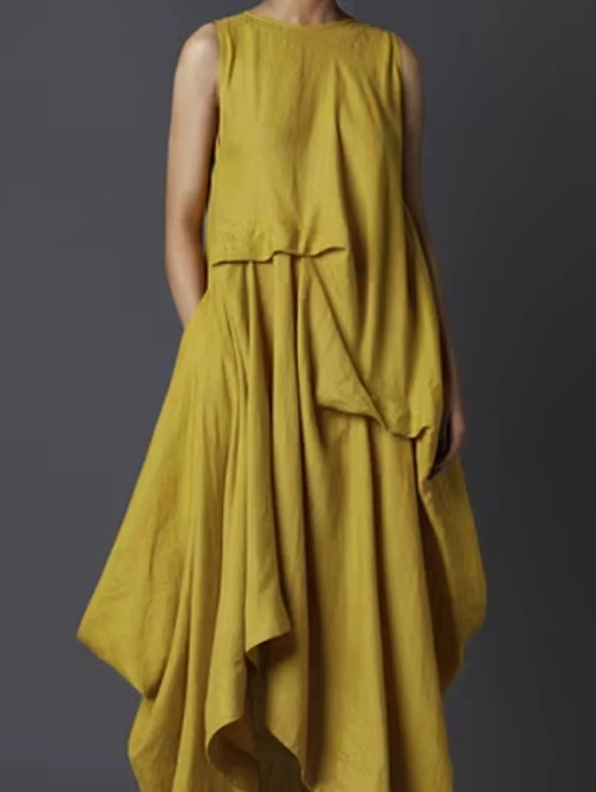 Women's Tank Dress Pleated Pockets Vintage Asymmetric Hem Long Dress Solid Minimalist Casual Round Neck Summer Female Dress