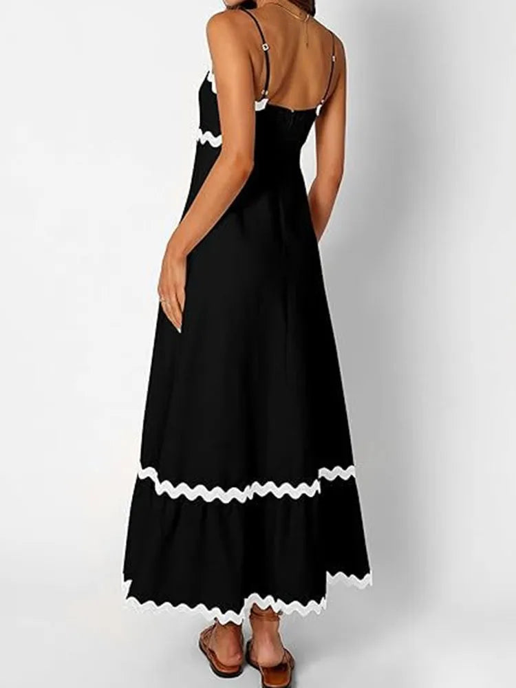 Contrast Color Female Dresses Elegant Aesthetic Loose Summer 2024 Beach Women’s Long Dress High Waist Sleeveless Dress