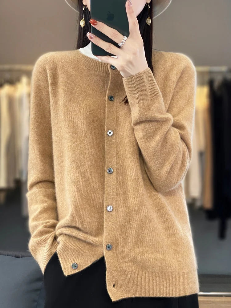 Aliselect Long Sleeve Women Knitwear Cashmere Knit 100% Pure Merino Wool Spring Autume O-Neck Top Cardigan Sweater Clthing Coat