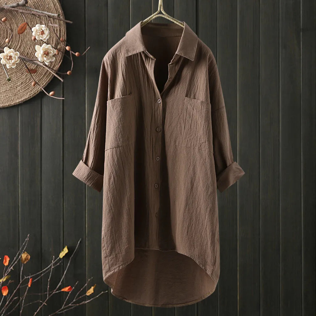 White Shirt Women Casual Cotton Linen Shirts Blouse Loose Dress Lapel Neck Button Long Sleeve Cardigan Beachwear Clothes Blusas