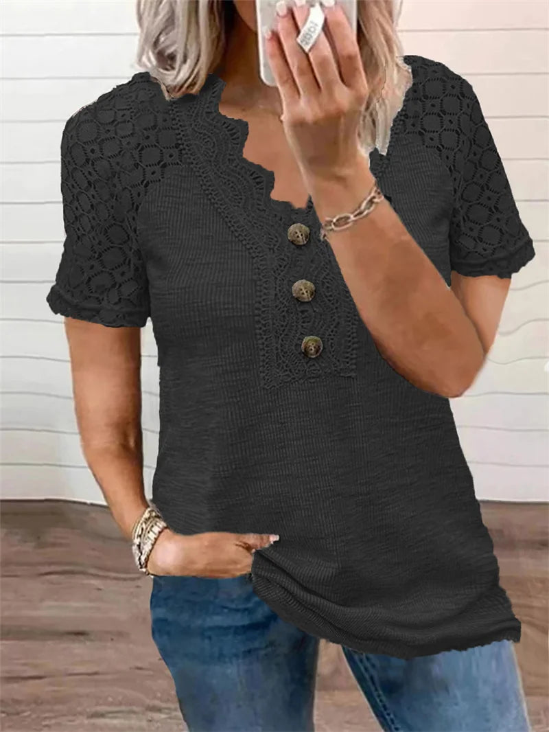 2024 Elegant Hollow Out Lace V Neck Short Sleeve T-Shirt Women Three Buttons Decoration Tops Female Office Commuter Casual Tees