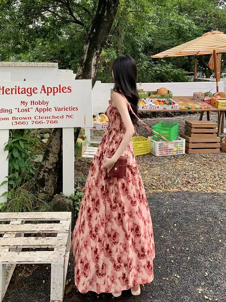 Summer New Sweet Elegant Halter Dress Slash Neck Floral High Waist Pleats Long Dress Patchwork Holiday Style Boho Dress
