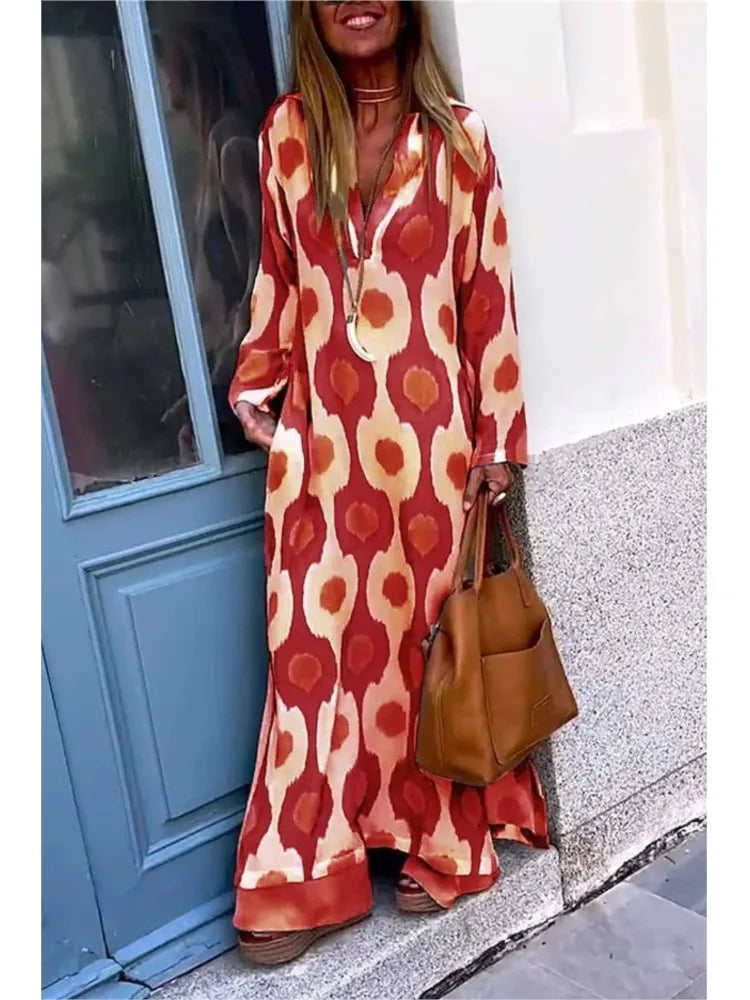 Women Geometric Printing Split Maxi Dress 2024 Autumn Causal V Neck Long Sleeve Dresses Female Holiday Beach Boho Dress Vestidos