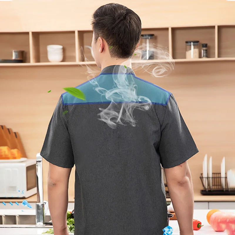 Black Chef Jacket Short Sleeve Kitchen Uniform grey Cook Coat Chef T-shirt Baker Work Uniform Waiter Restaurant Hotel Clothes