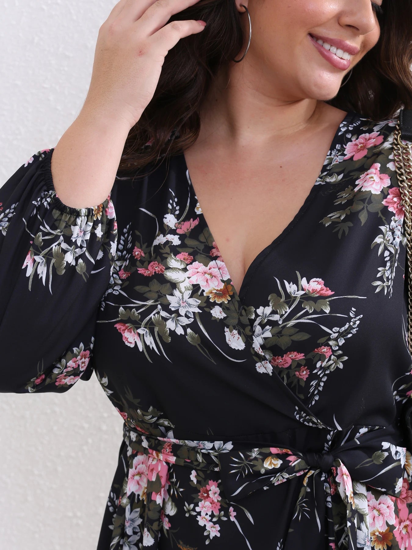 Plus Size Women Flower Print Chiffon Sexy V Neck Out Long Sleeve Dress Female Elegant Party Dresses Wholesale DropShipping