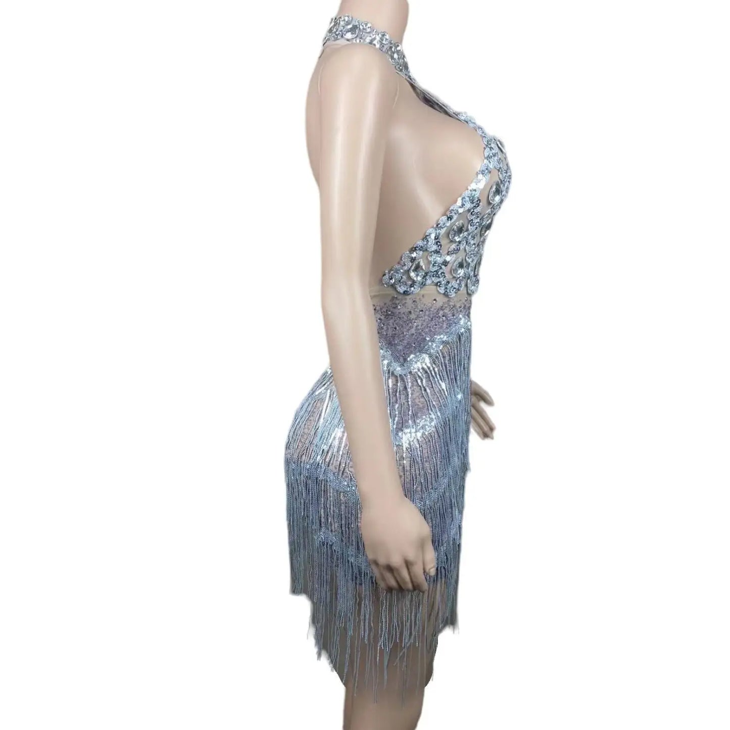 Luxury Sexy See Through Halter Silver Beads Crystals Dresses Black Girls Tassel Short Birthday Party Prom Dresses 2024 Sanjiao