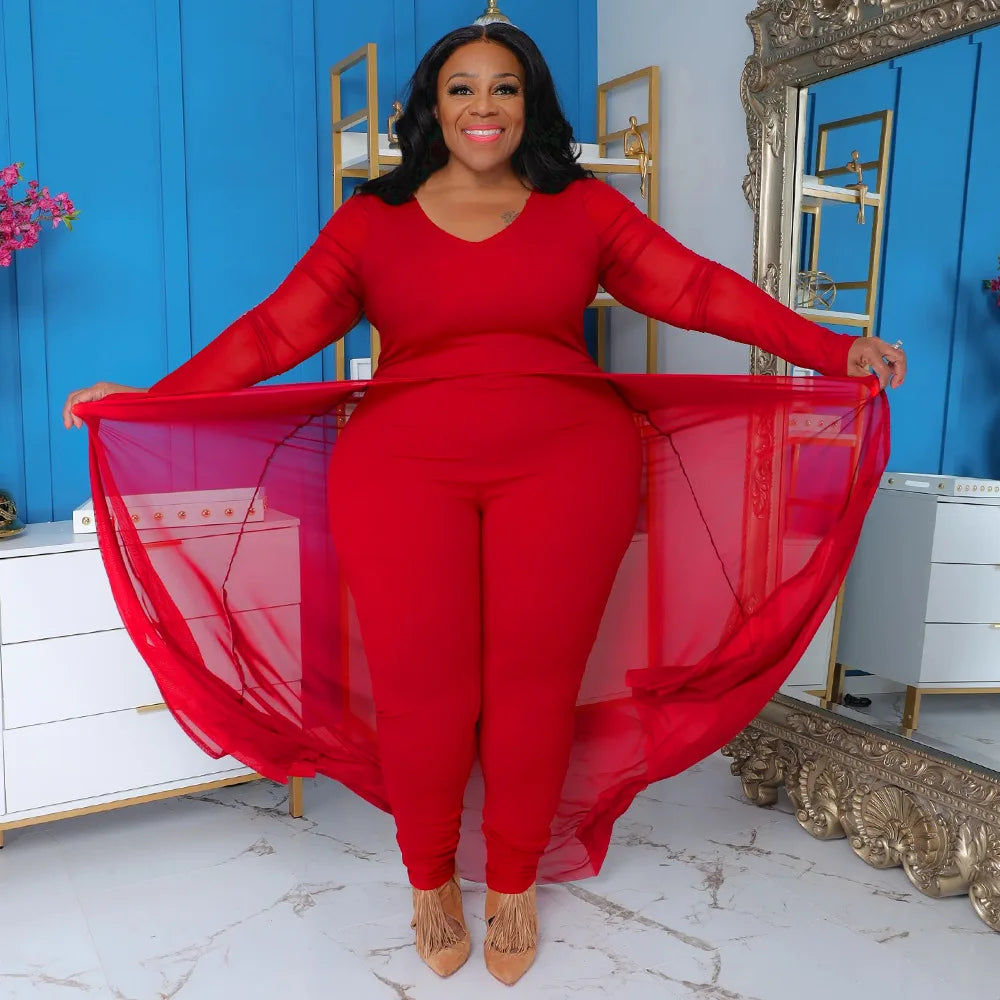 Plus Size 5XL Jumpsuit for Women Elegant O Neck Long Sleeve Stretch Pockets Patchwork Dresses Romper One-piece Overalls 2023