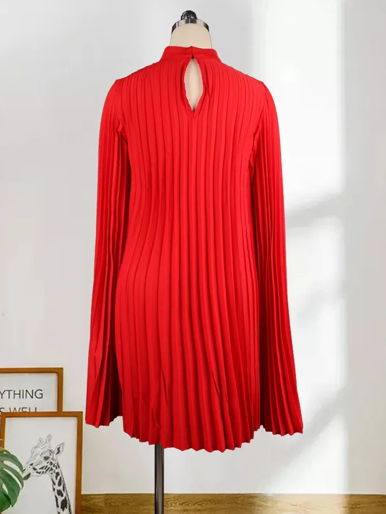 Plus Size Women Oversized Pleat Dress Mock Neck Cloak Sleeve Loose Short Dresses Curve Female Summer Birthday Party Club Wear