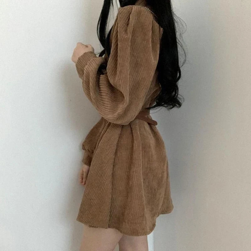 GIDYQ Corduroy Dress Women Vintage Belt Slim Long Sleeve Mini Dresses Fashion Elegant Solid O Neck Chic Streetwear Fall Winter