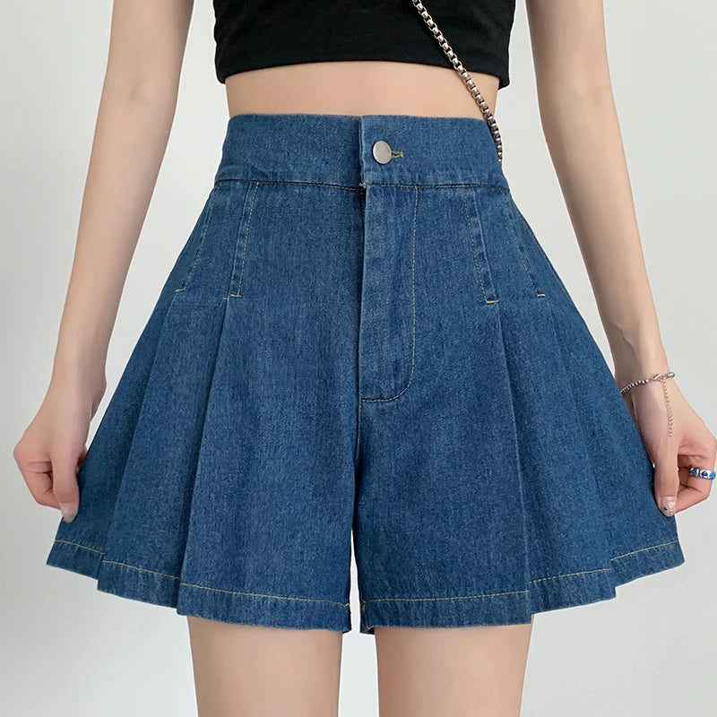 DFRCAEG Summer Plus Size Denim Shorts For Women High Elastic Waist Blue Or Sky Blue Pleated Mini Large Size Short Femme