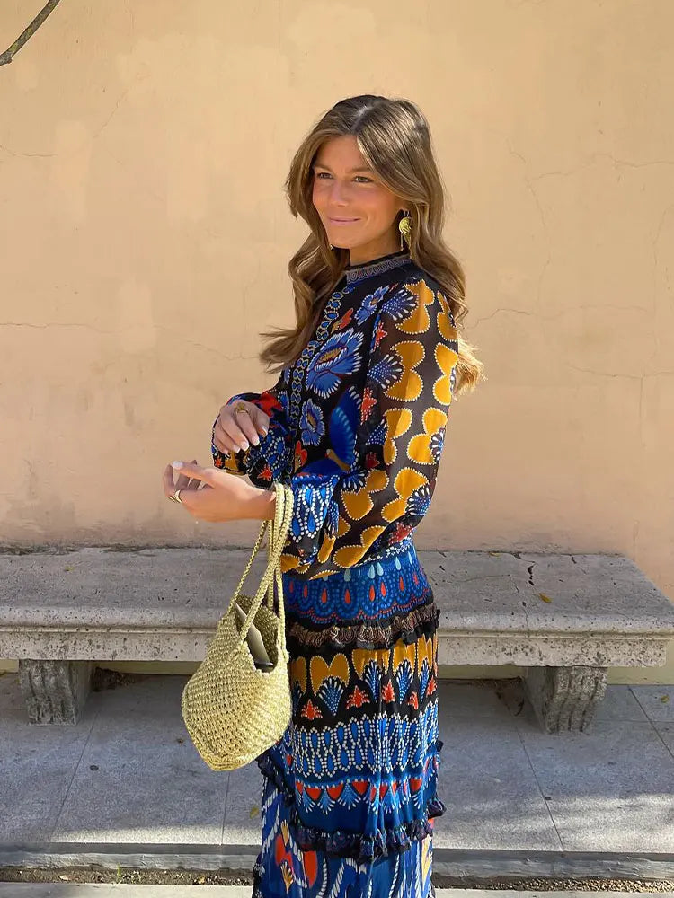 Vintage Print Round Neck Maxi Dress For Women Fashion Lantern Sleeves Loose Long Dresses 2024 Ladies Casual Vocation Streetwear