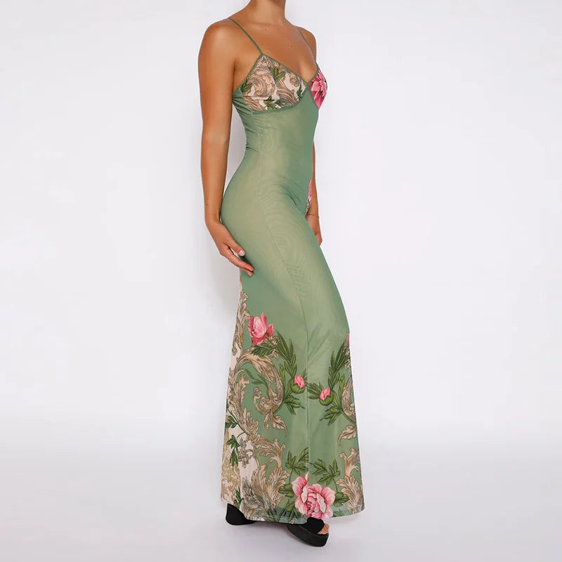 Sleeveless Print Suspender dress women Fashion Vneck slim long skirt summer fashion women's beach party club robe JY23159SK