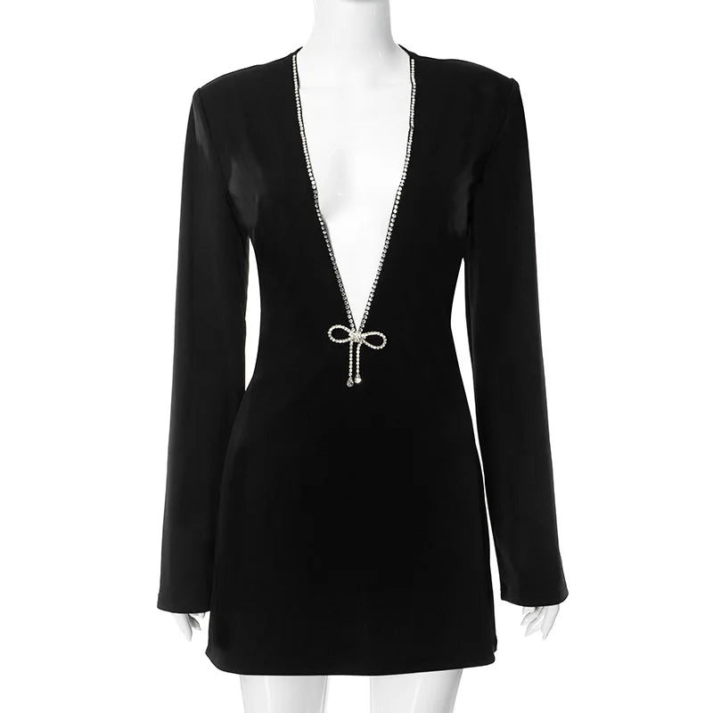 Ladies Elegant Deep V Long Sleeve Mini Dress Women Fashion Solid Color High Waist Slim Dresses Female Nightclub Party Vestidos