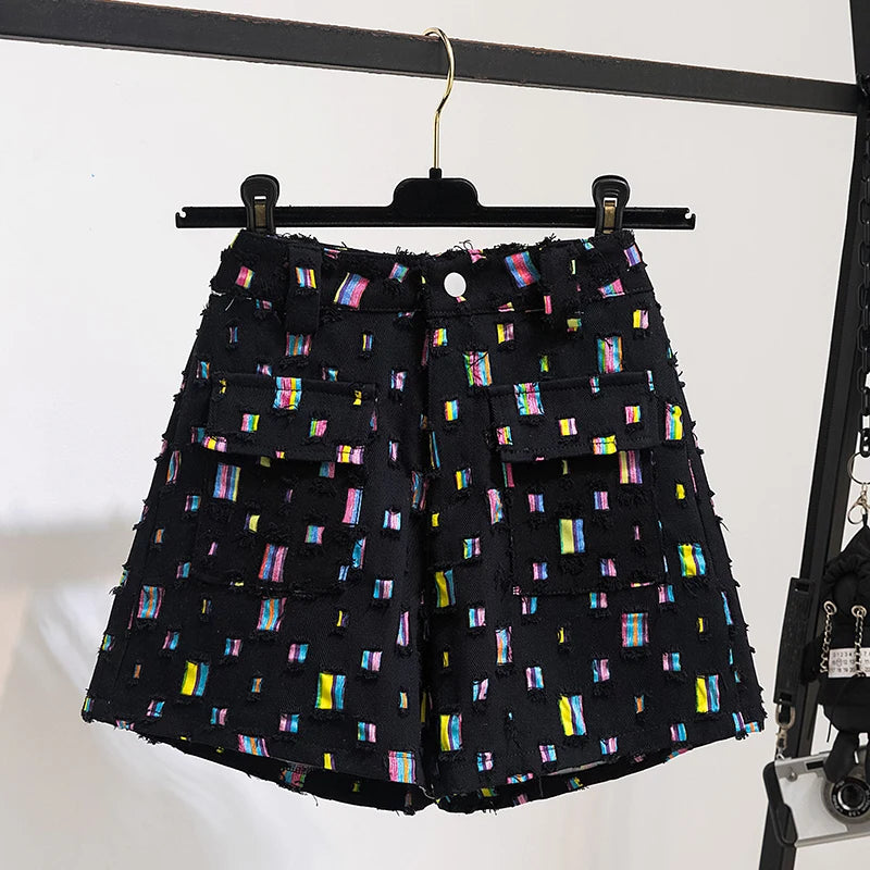 Large Plus Size L-4XL Women Vintage Denim Short New Summer Print High Waist Jean Pants Female Free Shipping Y2K Clothing