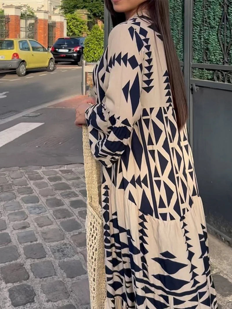 Elegant Summer Maxi Dress Women Casual Streetwear Vintage Geometric V Neck Boho Beach Long Loose Dresses Female Vestidos