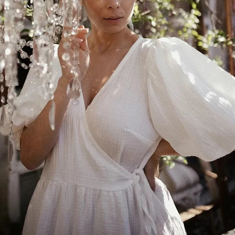 Causal 100% Cotton Women's Dress Vintage Crepe Gauze V-Neck Puff Sleeve Bandage Lace Up Elegant White Dresses Long Maxi Robe