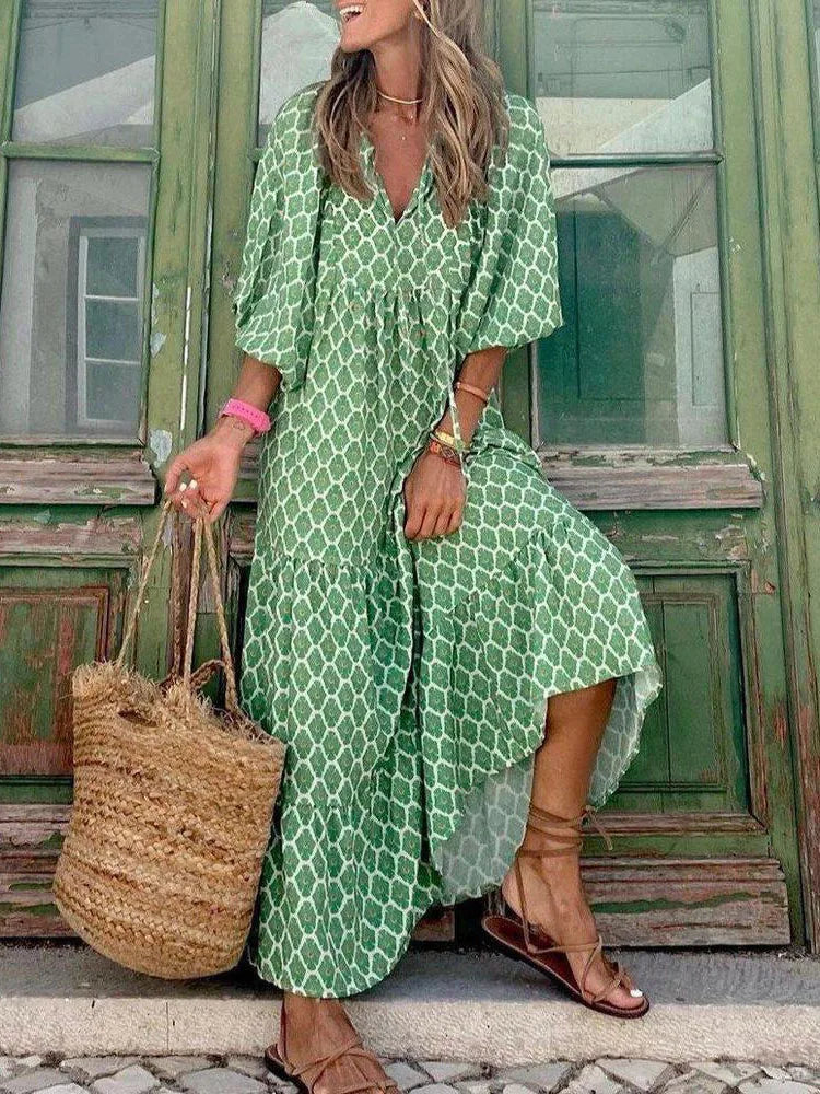 Fashion Women Print Dress Summer Loose Boho Dress Casual Elegant Short Sleeve Beach Party Dresses For Woman Robe Femme New