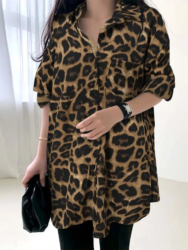 ZANZEA Women Bohemian Leopard Print Shirt Vintage Casual Tunic Top Autumn Lapel Neck Long Sleeve Blouse Button Loose Blusas