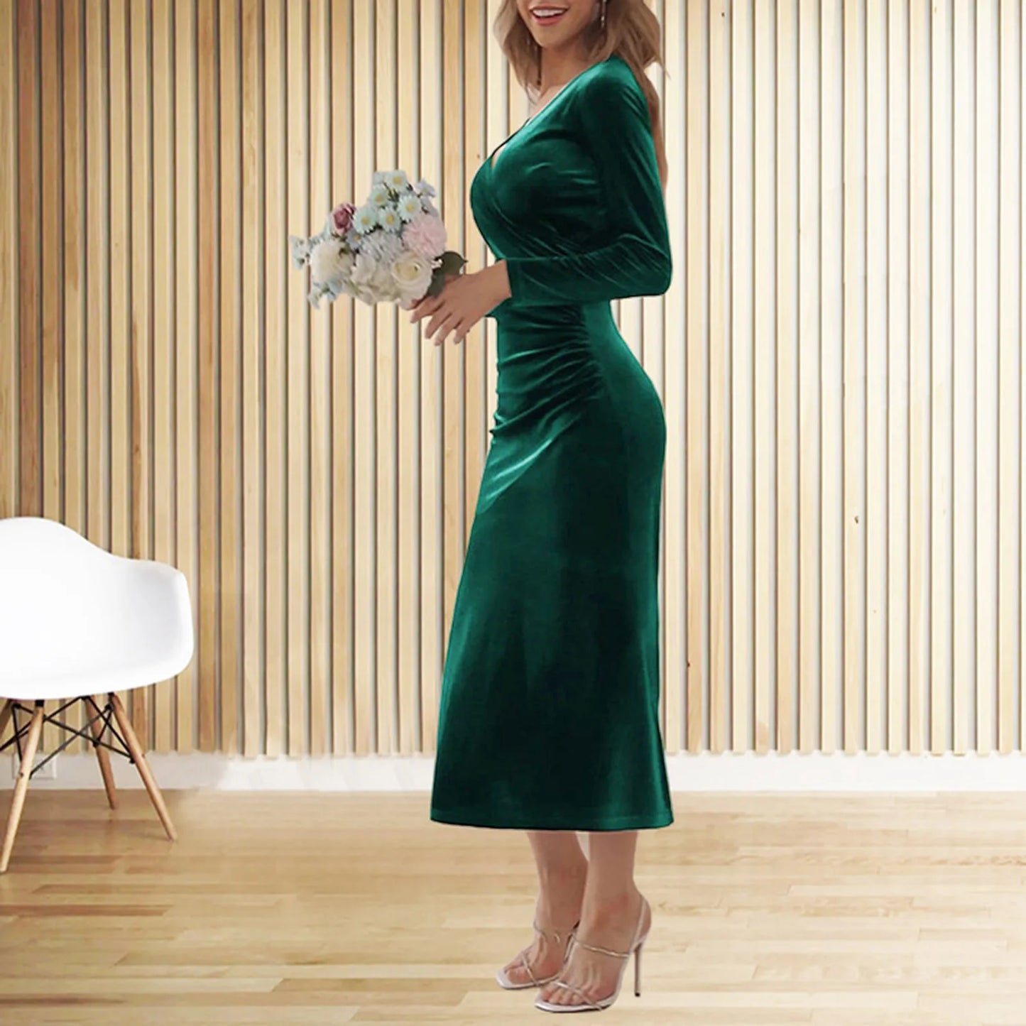 Autumn Velvet Bodycon Black Midi Dress for Women Long Sleeve Ruched Slim Fit Evening Dress Female Party Clubwear Vestido