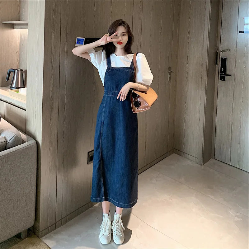 Women's Summer Fashion Side Split Dress Korean Edition Casual Denim Strap Dress Versatile Thin And Small Design Long Dress