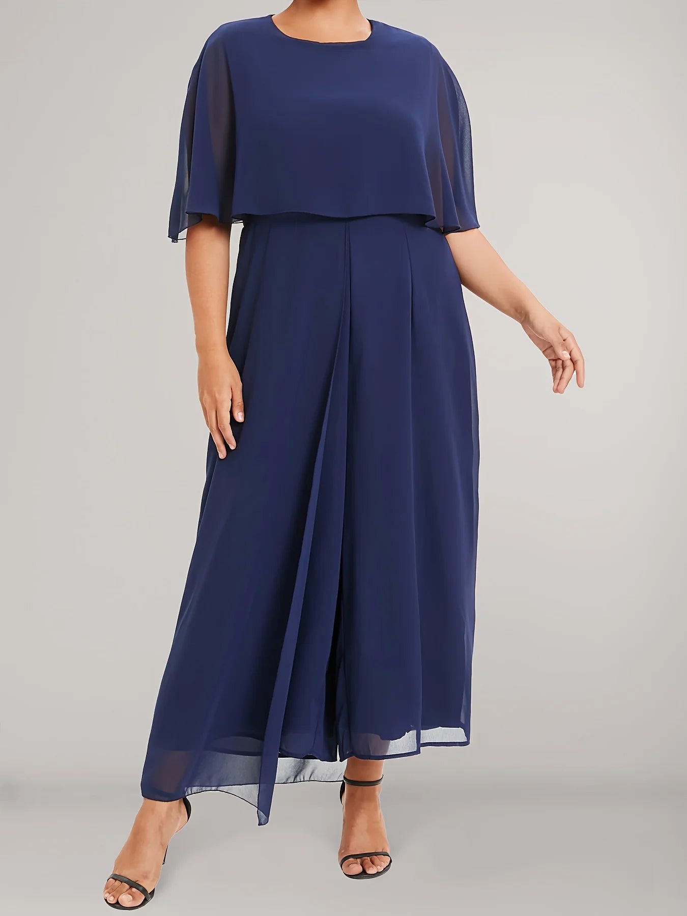 Plus Size Solid Wide Leg Jumpsuit, Casual Crew Neck Short Sleeve Jumpsuit, Women's Plus Size Clothing
