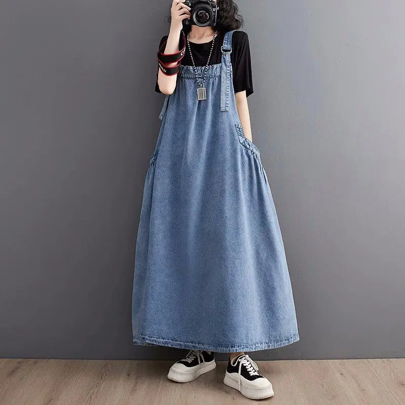 Spring Summer Women Denim Suspender Long Skirt Loose Casual Punk Vintage Style Cargo Female Popular Large Swing Dress Z691