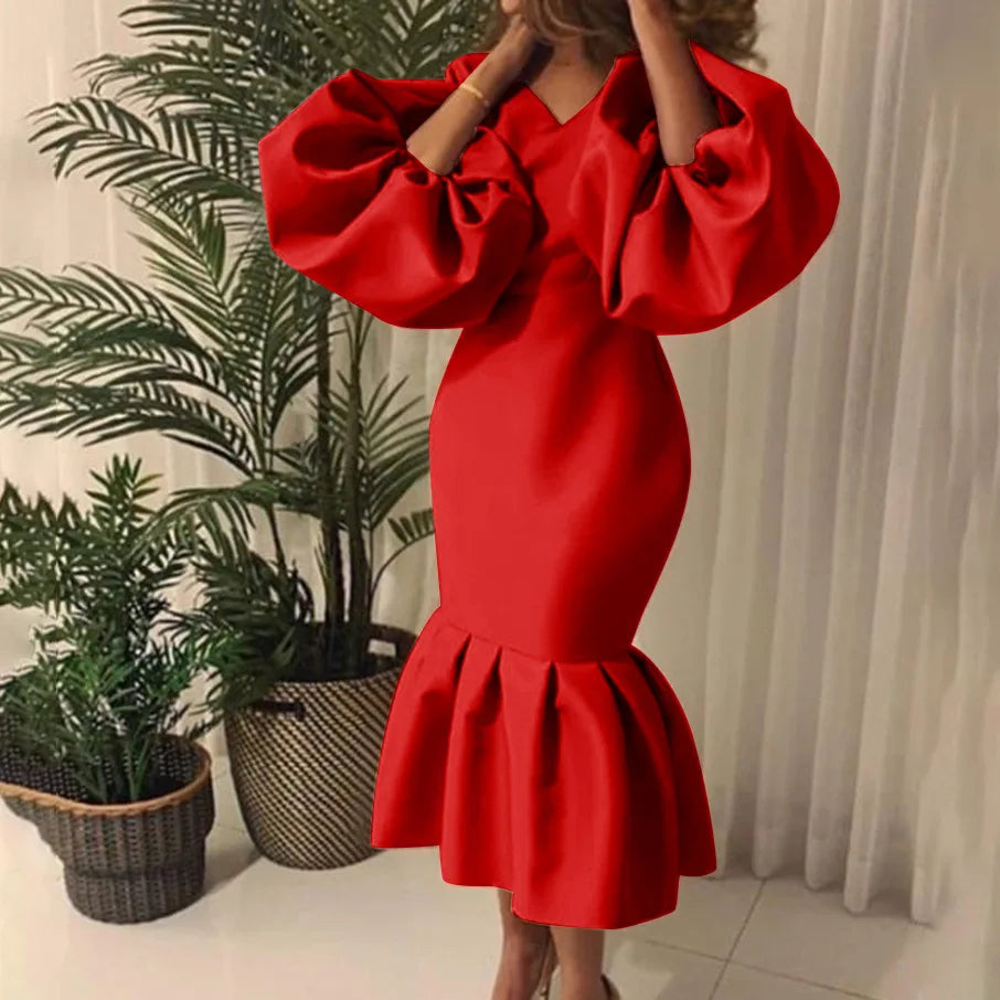 Plus Size Casual Elegant Fashionable Women's Fashion Solid Color V-Neck Bubble Long Sleeved Fishtail Dress Party Evening Dress
