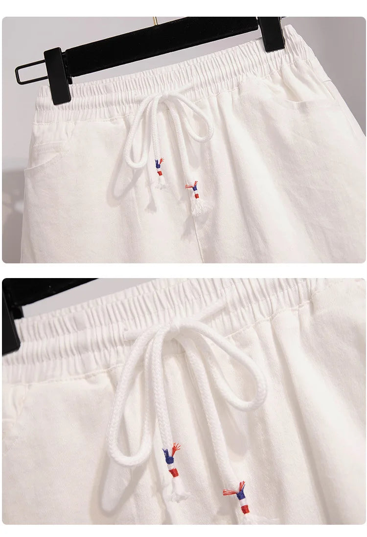 New Summer Plus Size Shorts For Women Large Casual Black White Wide Leg Pocket Cotton Elastic Shorts 3XL 4XL 5XL 6XL 7XL