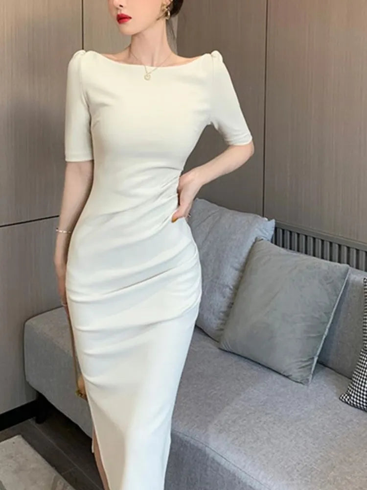 Summer New Elegant Midi Party Dress For Women Office Lady Solid One Piece Slim Bodycon Clothing Femme Fashion Vestidos