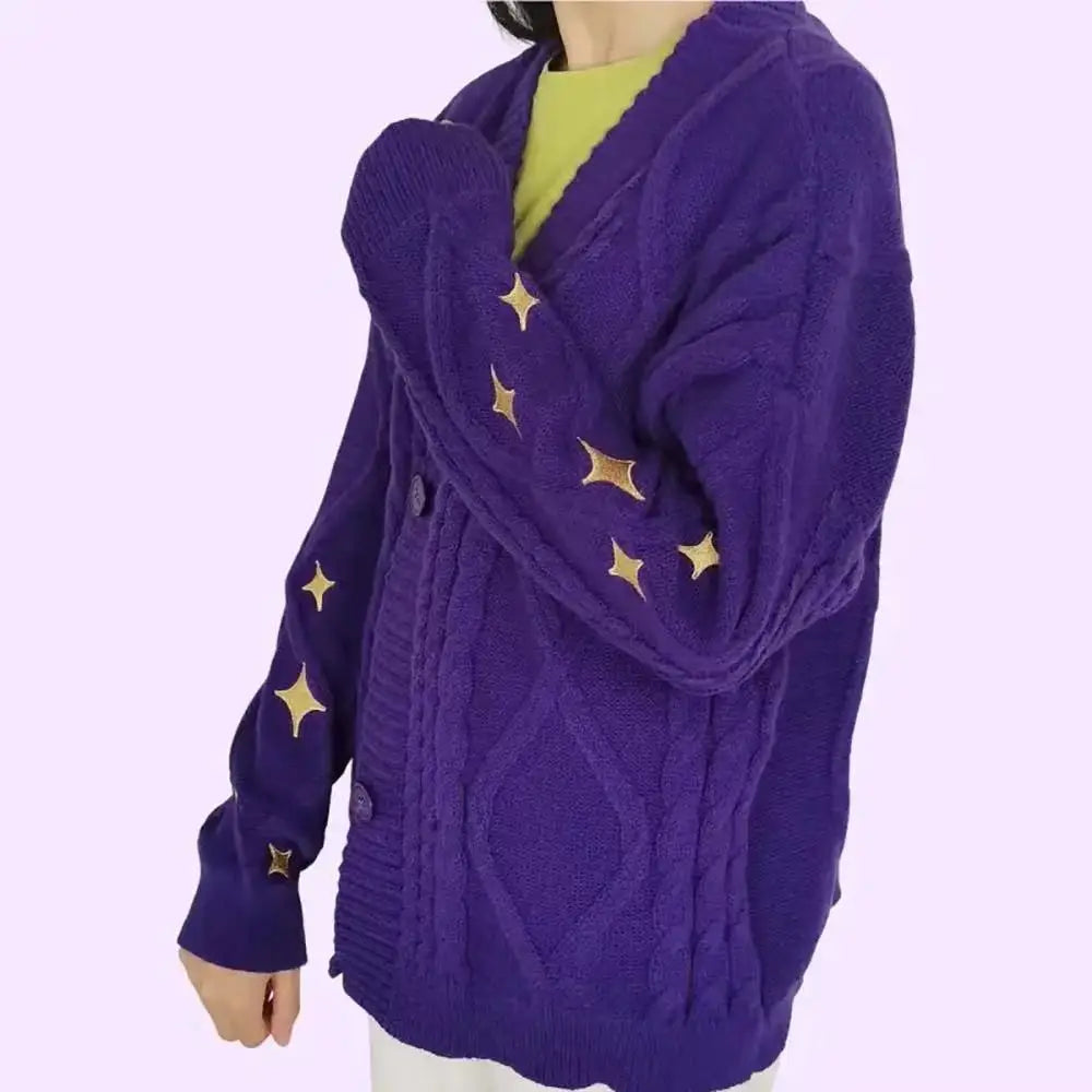 Autumn Winter Y2k Vintage Sweater Star Print Knitted Cardigan V Neck Long Sleeve Coat Women Single Breasted Embroidery Sweaters