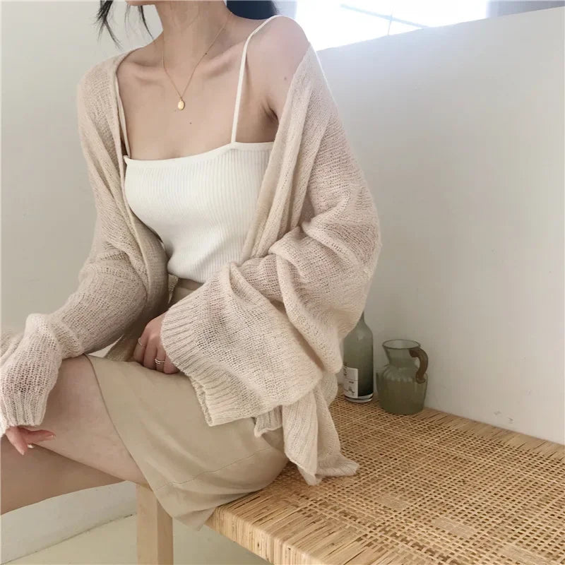 2023 summer New Knitted Cardigan Women's Oversized Summer Cardigan Women's Loose Hollow Coat Sunscreen Pink Cardigan Korean Top