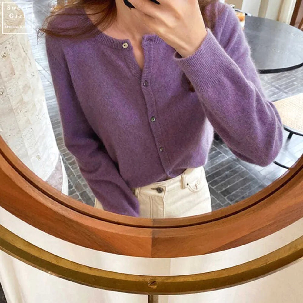 Cashmere Sweater Cardigan Women Single Breasted Long Sleeve Elegant Vintage Jumper Solid Wool Knitted Autumn Winter Outwear Tops