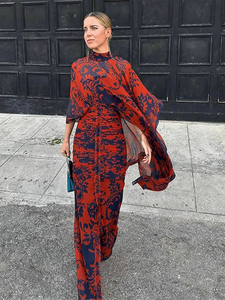 Elegant Printed Shawl Pleated Long Dress Women Fashion Round Collar Casual Bodycon Dresses 2024 Spring Chic Lady Street Vestidos
