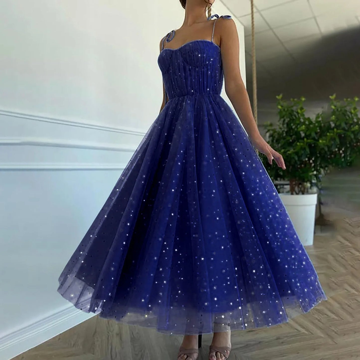 Summer Bling Stars Sequin Dress Women Vintage V Neck Sexy Mesh Dresses Ladies Spaghetti Strap Party Tulle Dress Vestidos Mujer