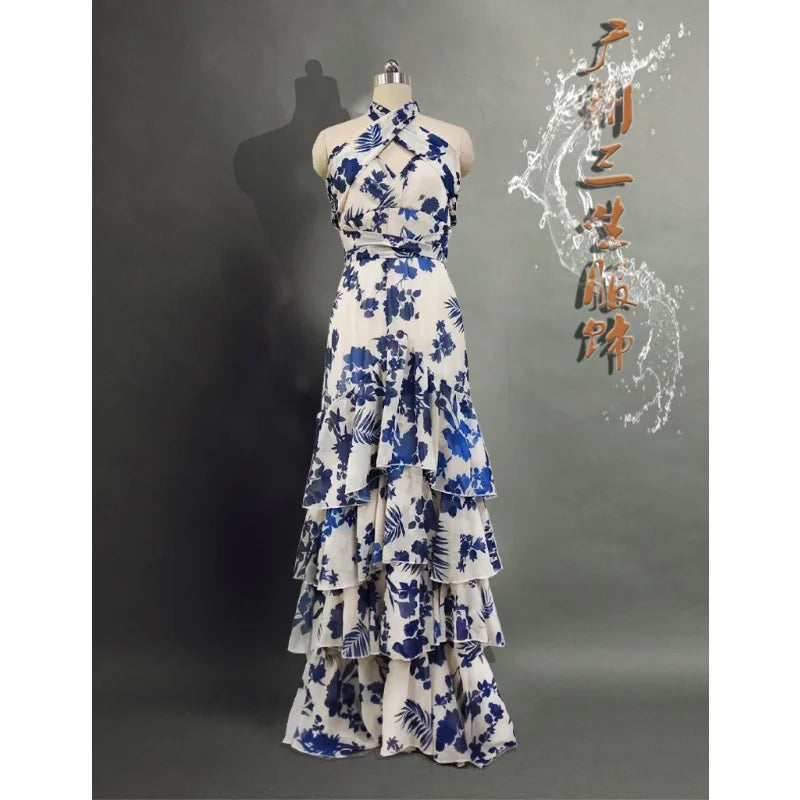 Spring Summer 2024 Bohemian Vacation Style Lace-up Lolita Large Swing Dress Printed Dress Long Loose Maxi Dresses