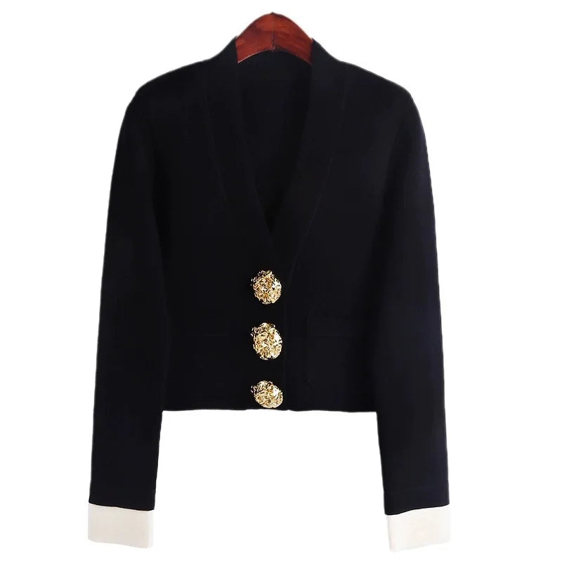 Light Luxury Senior Sense Knitted Cardigan Blouse 2023 Spring New Black and White Contrast Color Gold Buckle V-neck Coat