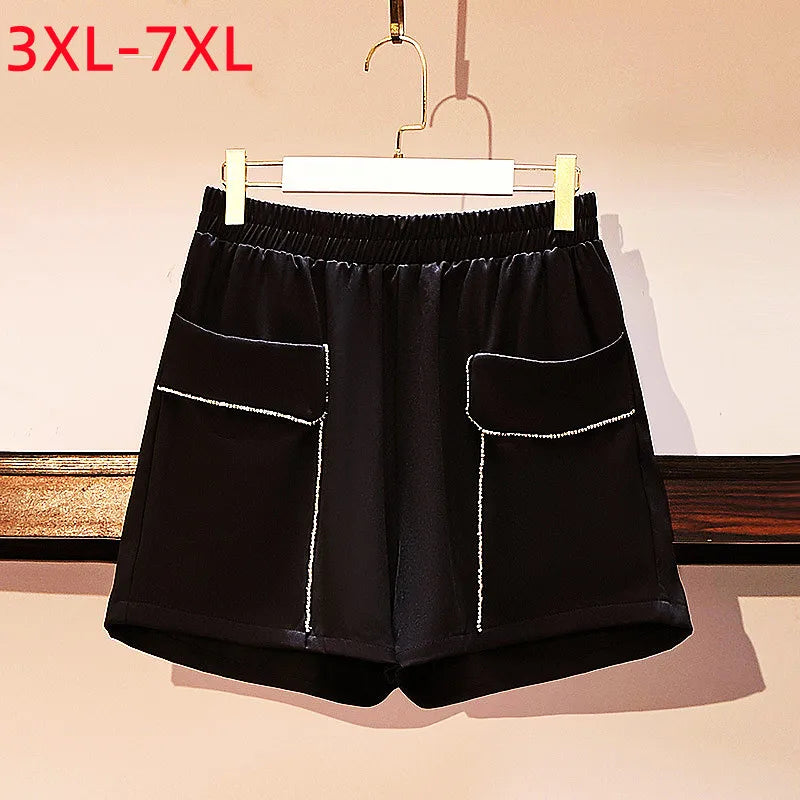 New 2022 Ladies Summer Plus Size Shorts Women Large Size Loose Wide Leg Pocket Black Shorts 3XL 4XL 5XL 6XL 7XL